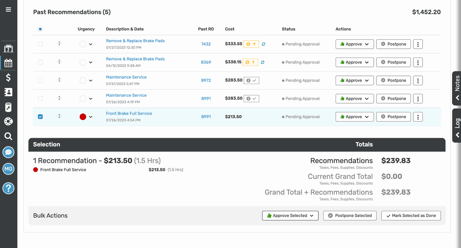 software showing recommendation for auto service and past recommendations
