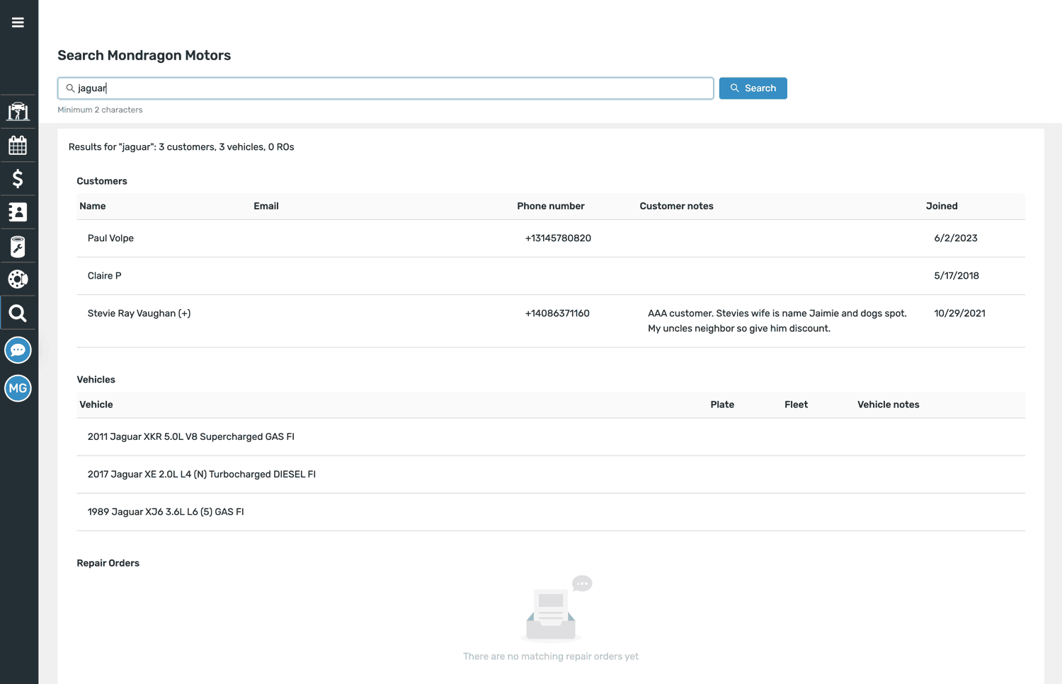keyword searches allow searching of all past services by description, parts, even customer names