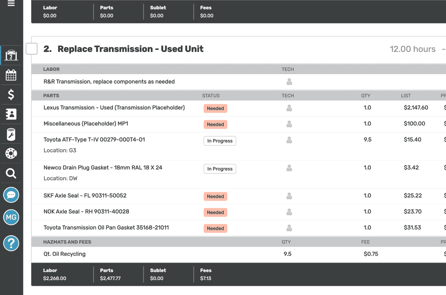 Shop Ware SMS Parts Inventory Status